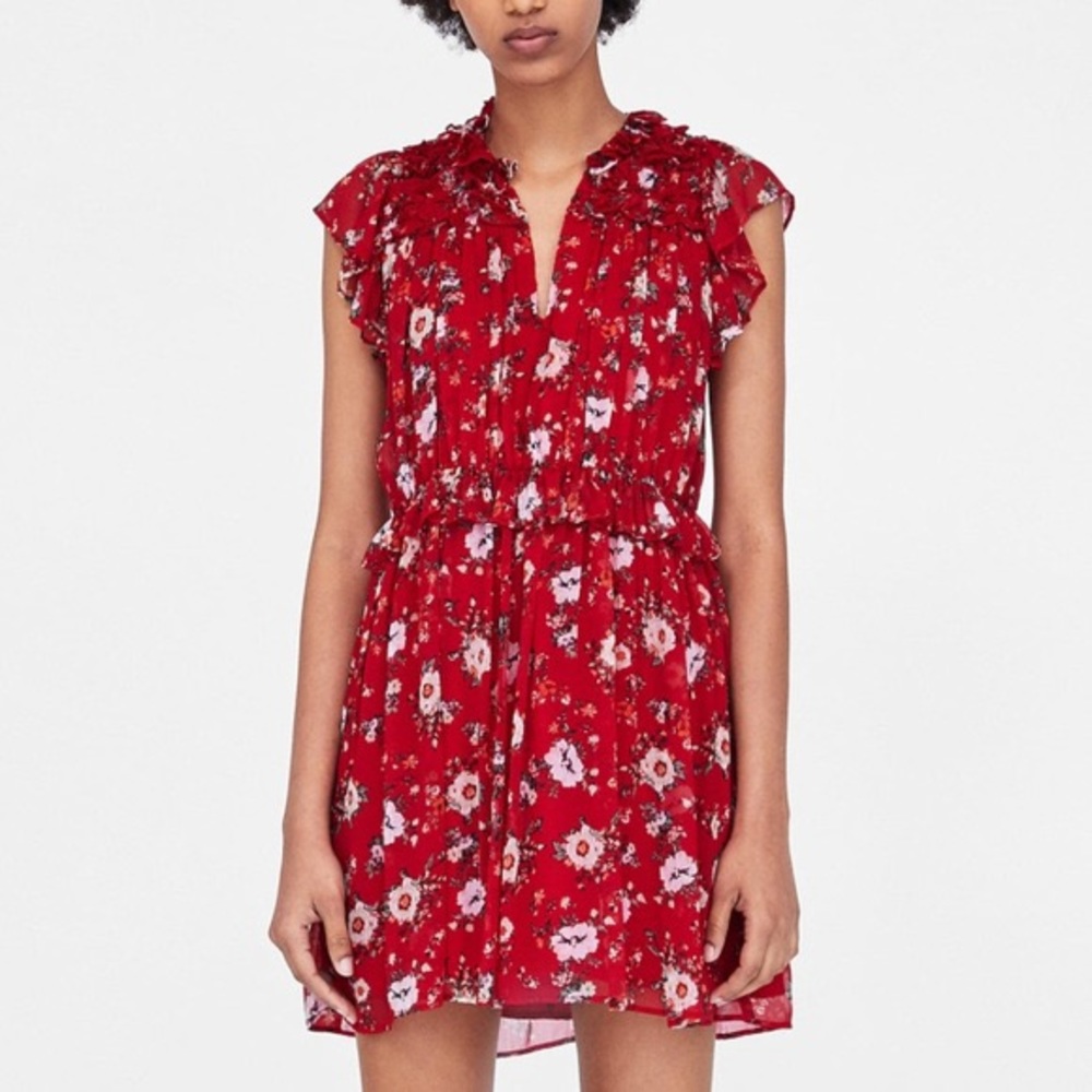 Zara red floral ruffle mini dress